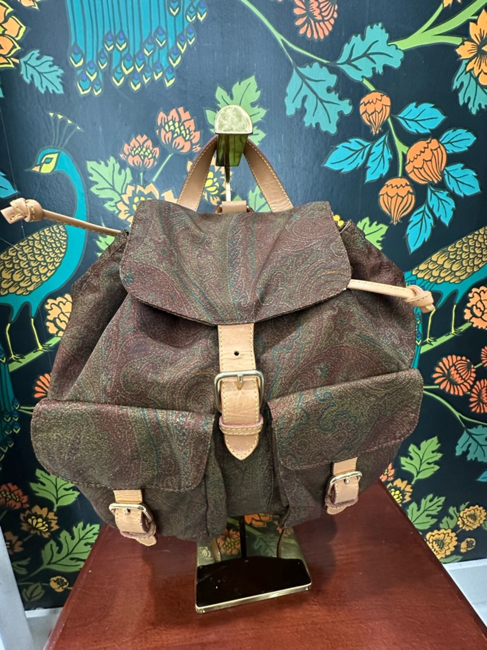 Etro Milano Vintage Paisley Backpack Leather Trim Boho Luxury Italy - Picture 4 of 13